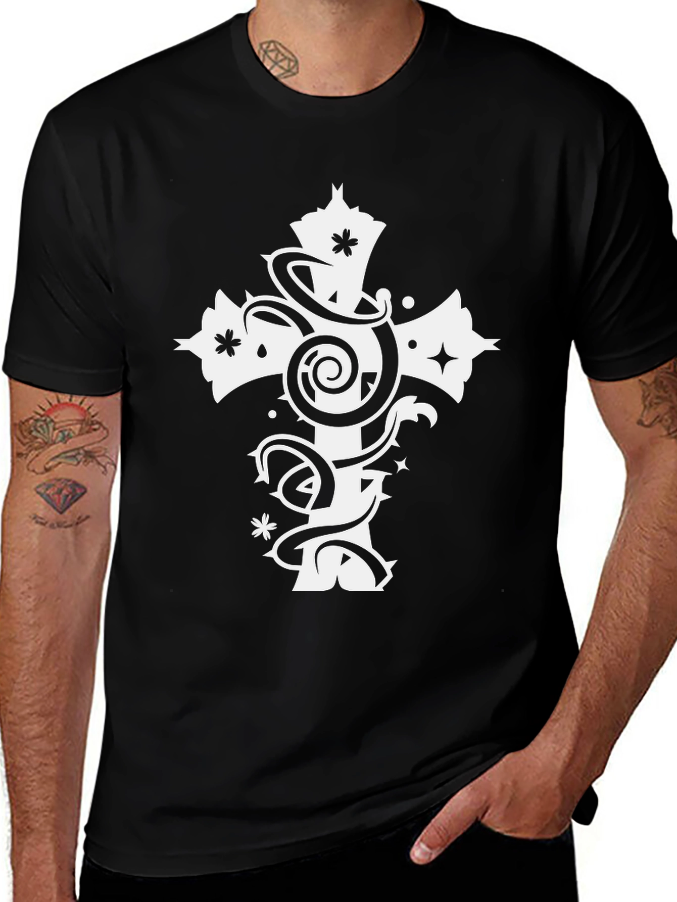 Black Tee with White Cross Graphic