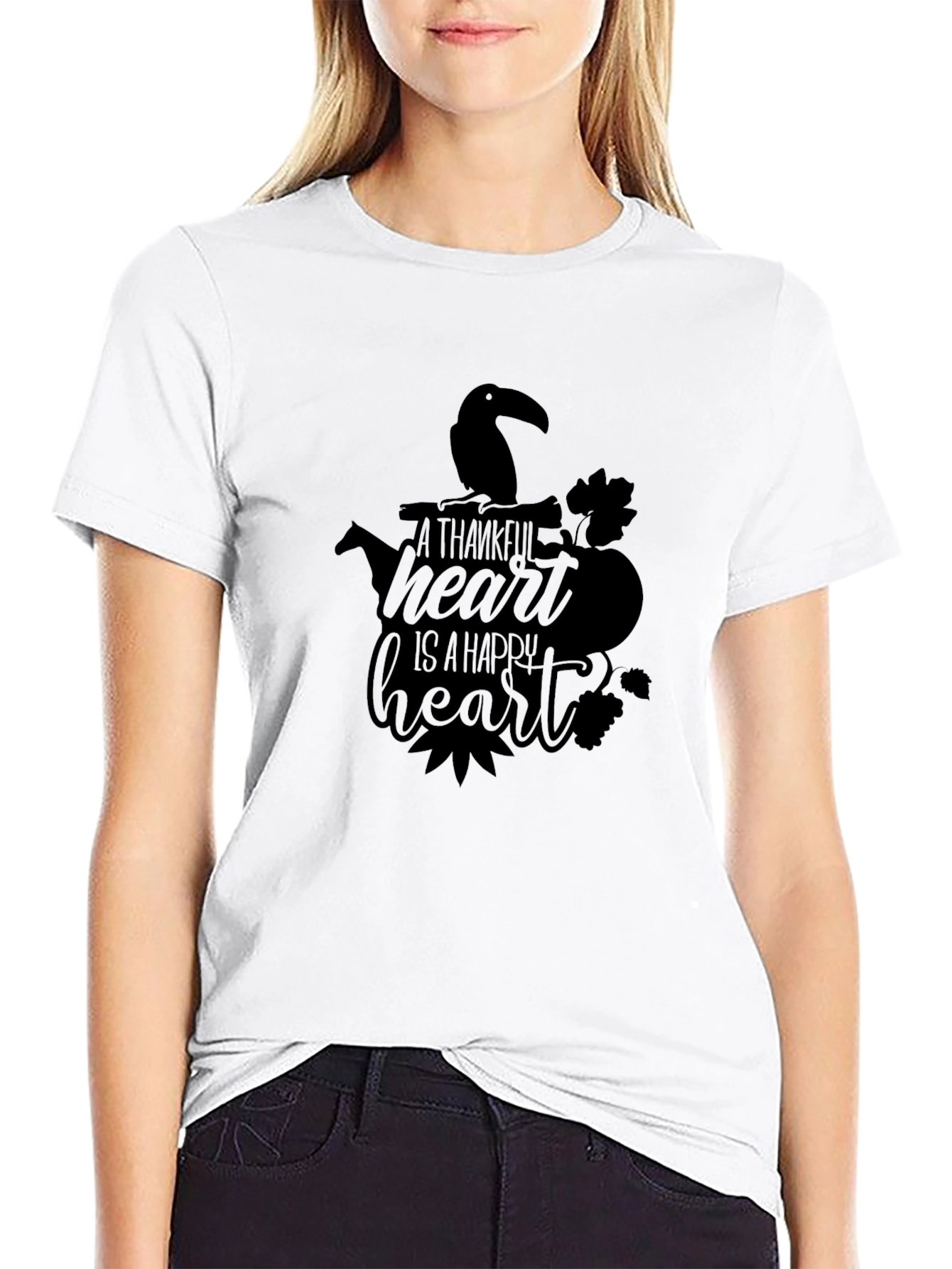 Thankful Heart T-Shirt - Black Crew Neck Graphic Tee