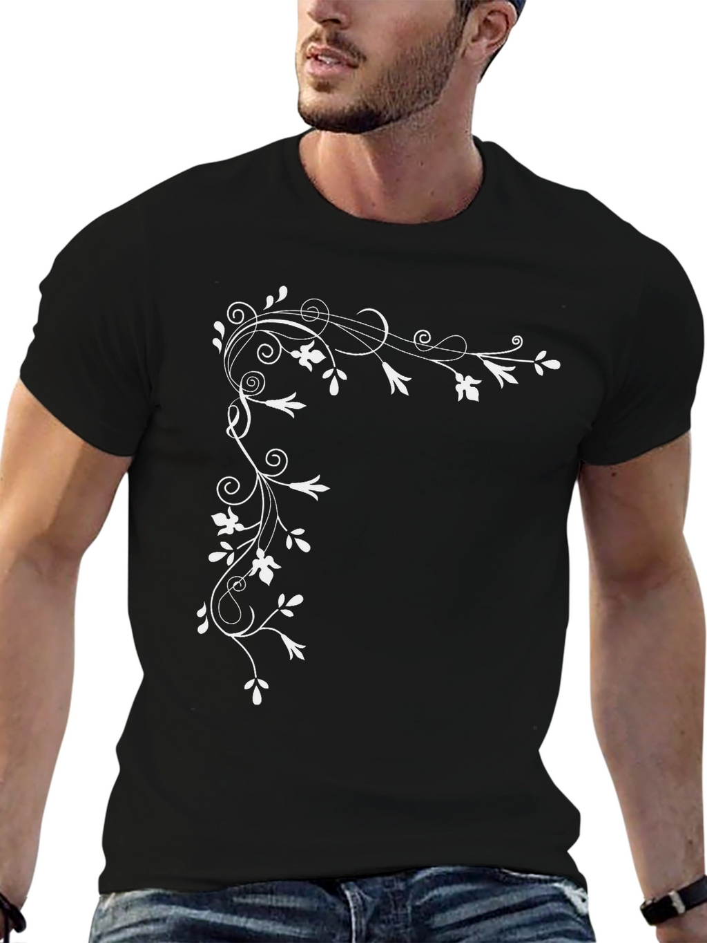 Elegant Floral Vine Black T-Shirt