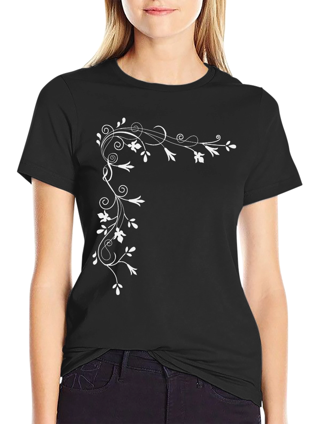 Elegant Floral Vine Black T-Shirt