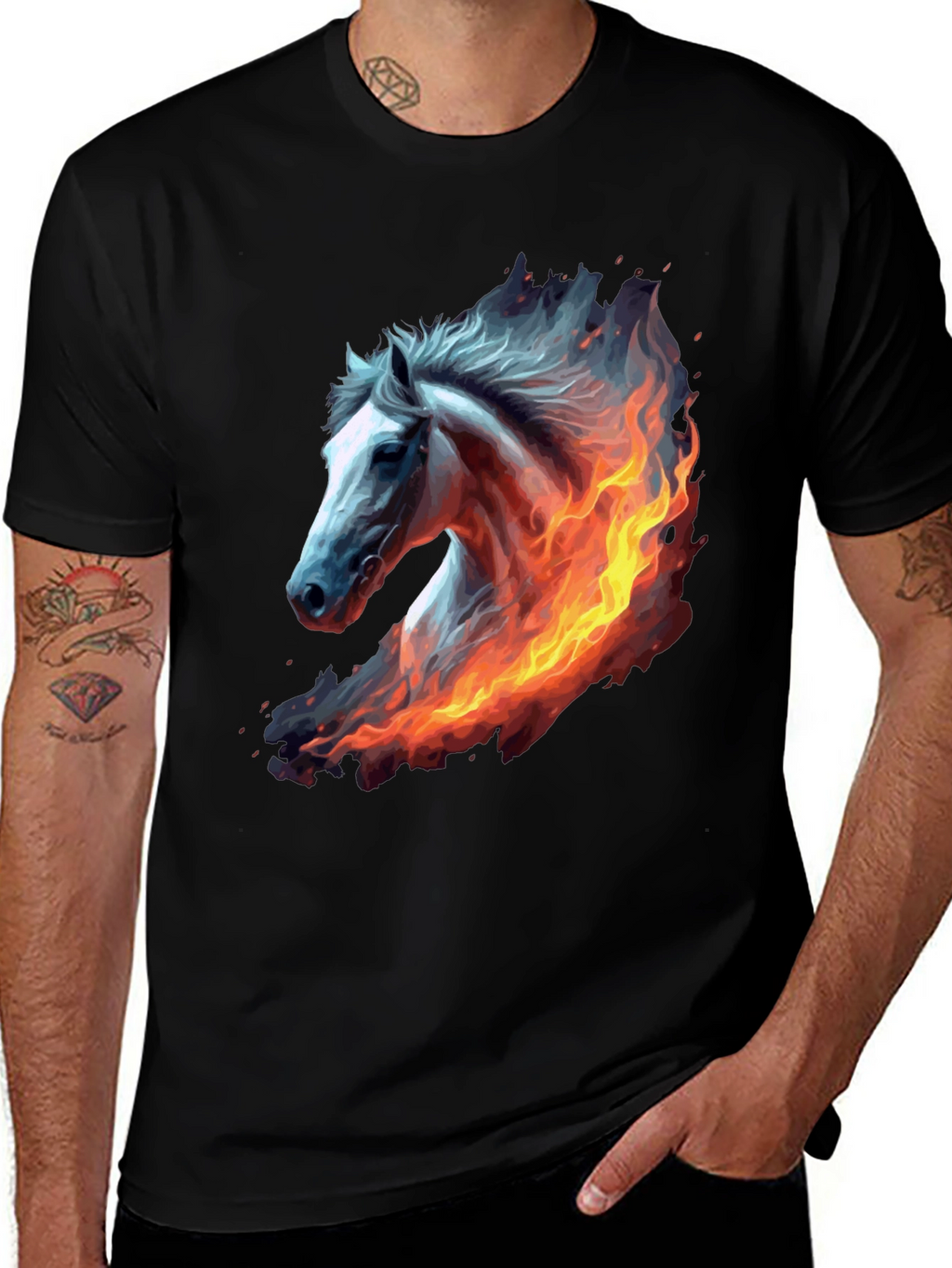 Fiery Horse Graphic Tee - Black Cotton T-Shirt