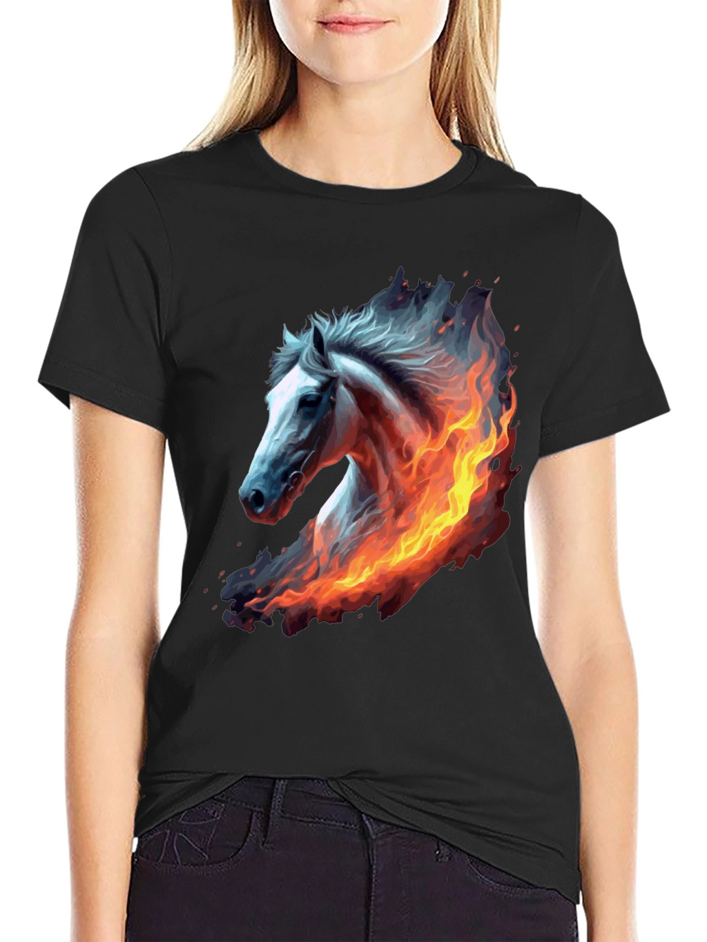 Fiery Horse Graphic Tee - Black Cotton T-Shirt