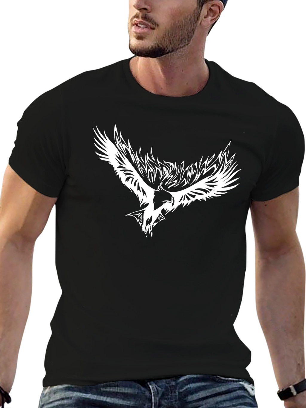 Black T-Shirt with White Eagle Graphic