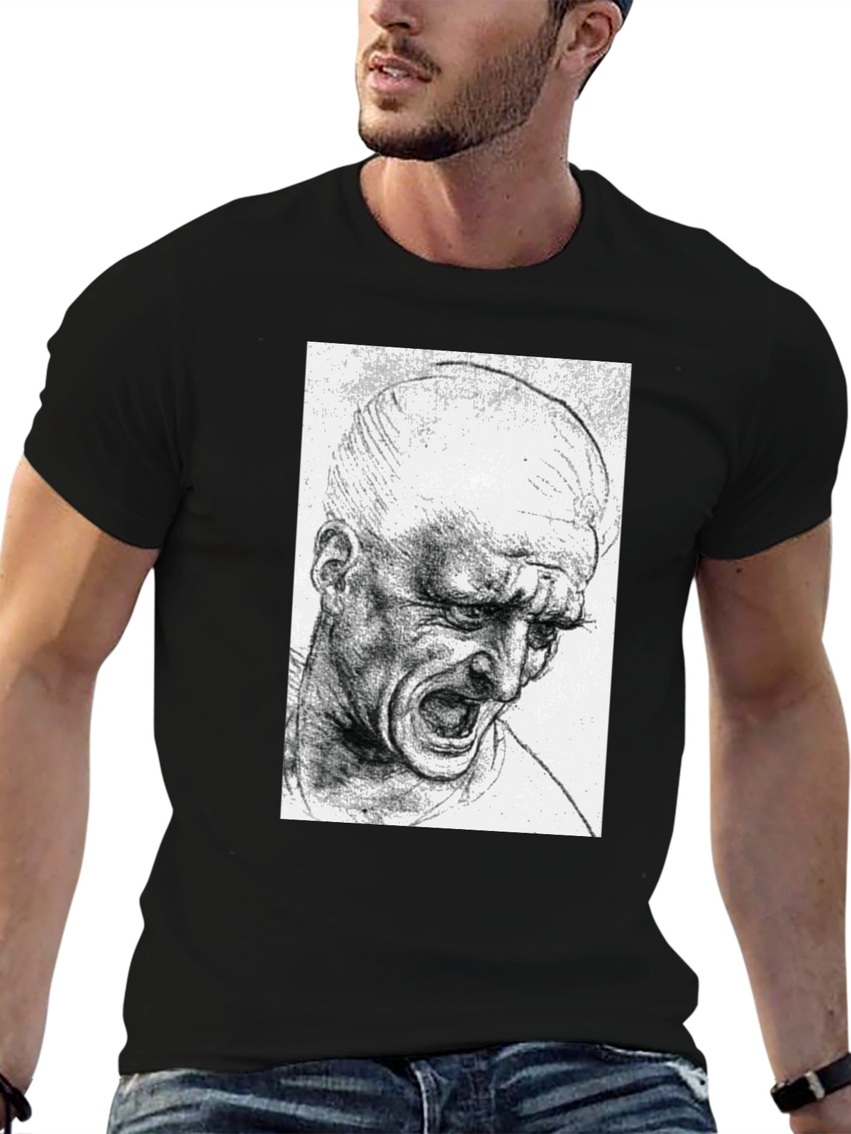 Screaming Man Sketch Graphic Tee - Black Cotton T-Shirt