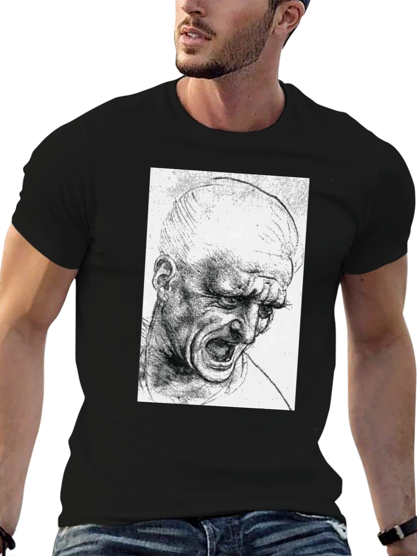 Screaming Man Sketch Graphic Tee - Black Cotton T-Shirt
