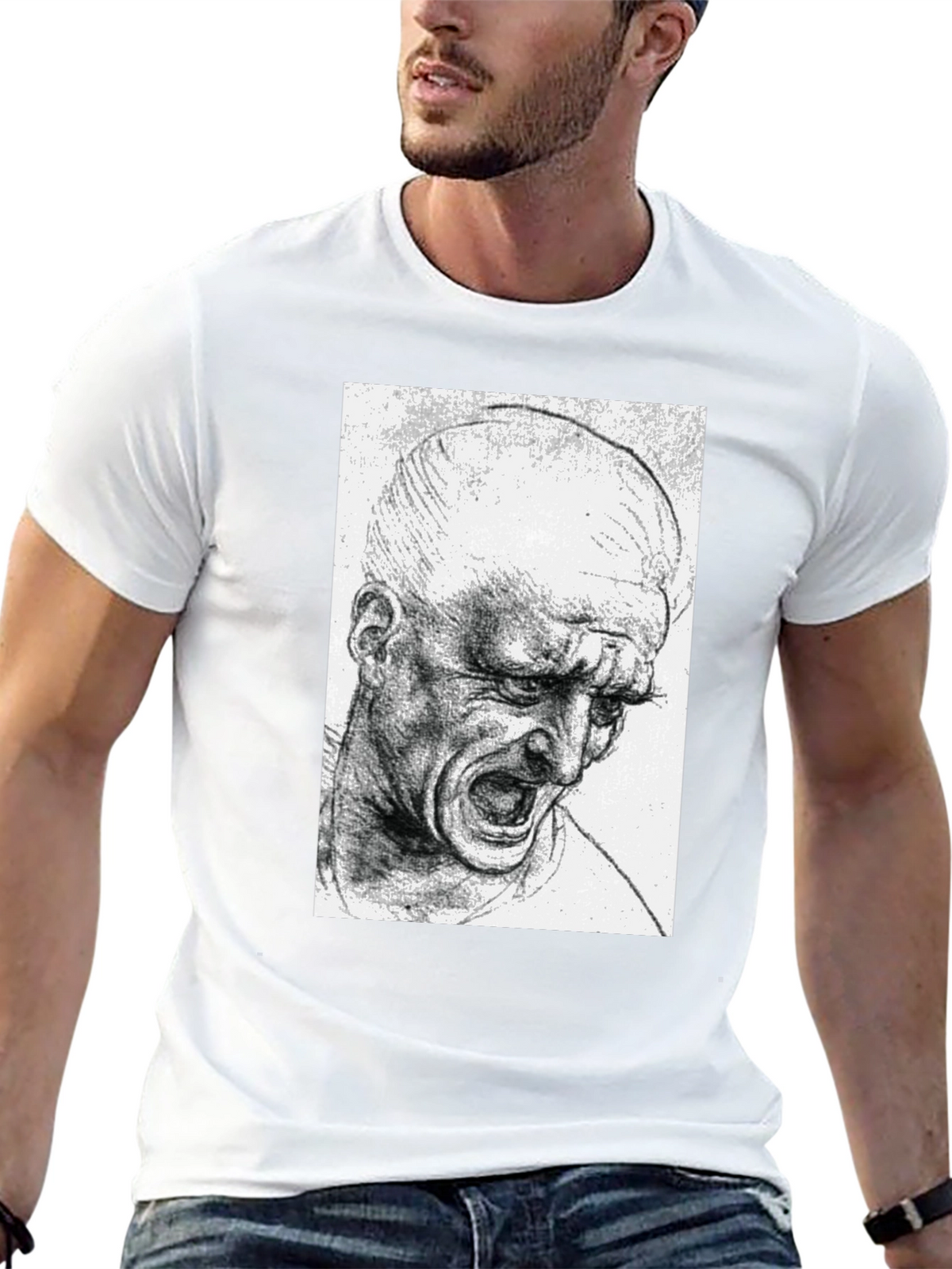 Screaming Man Sketch Graphic Tee - Black Cotton T-Shirt