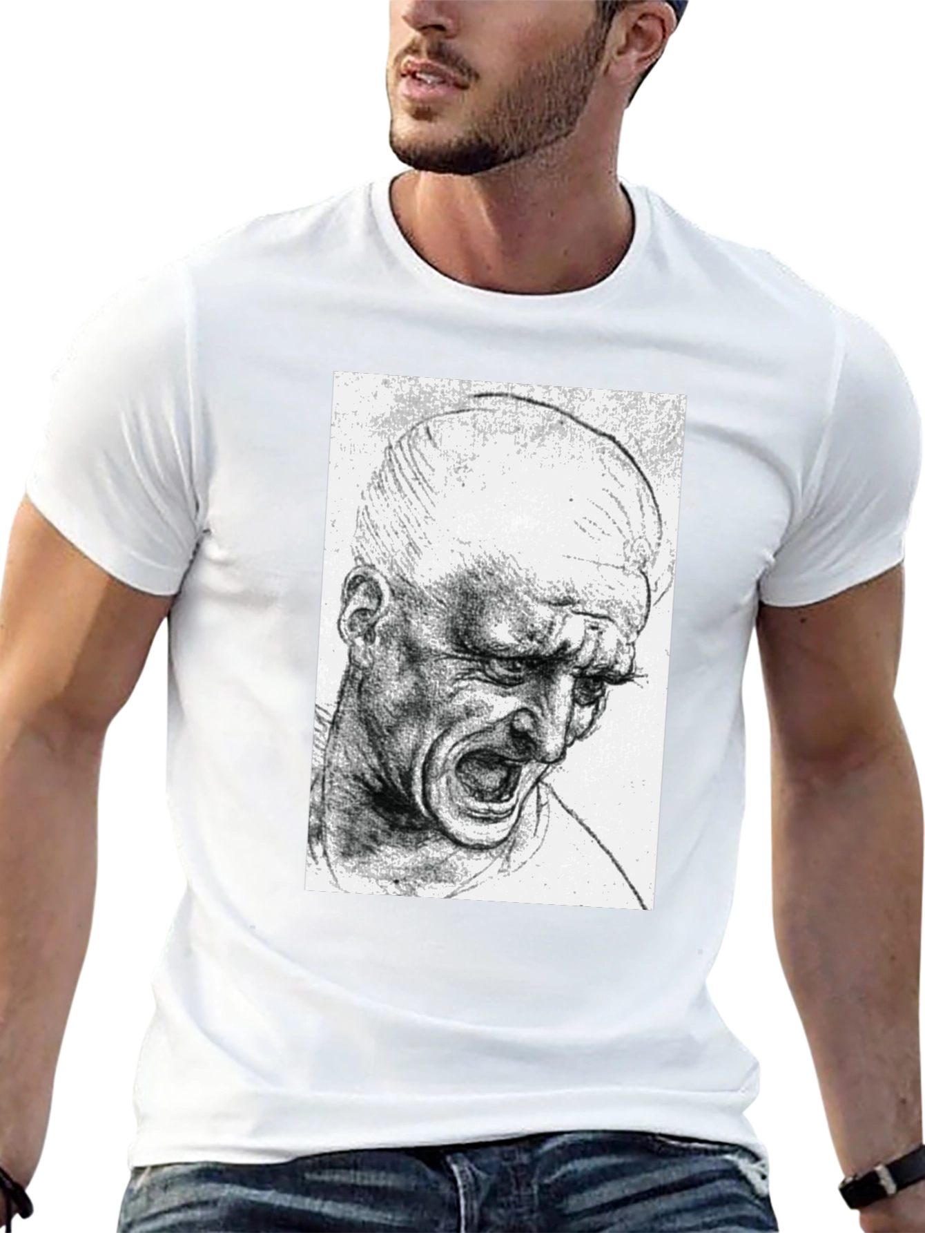 Screaming Man Sketch Graphic Tee - Black Cotton T-Shirt