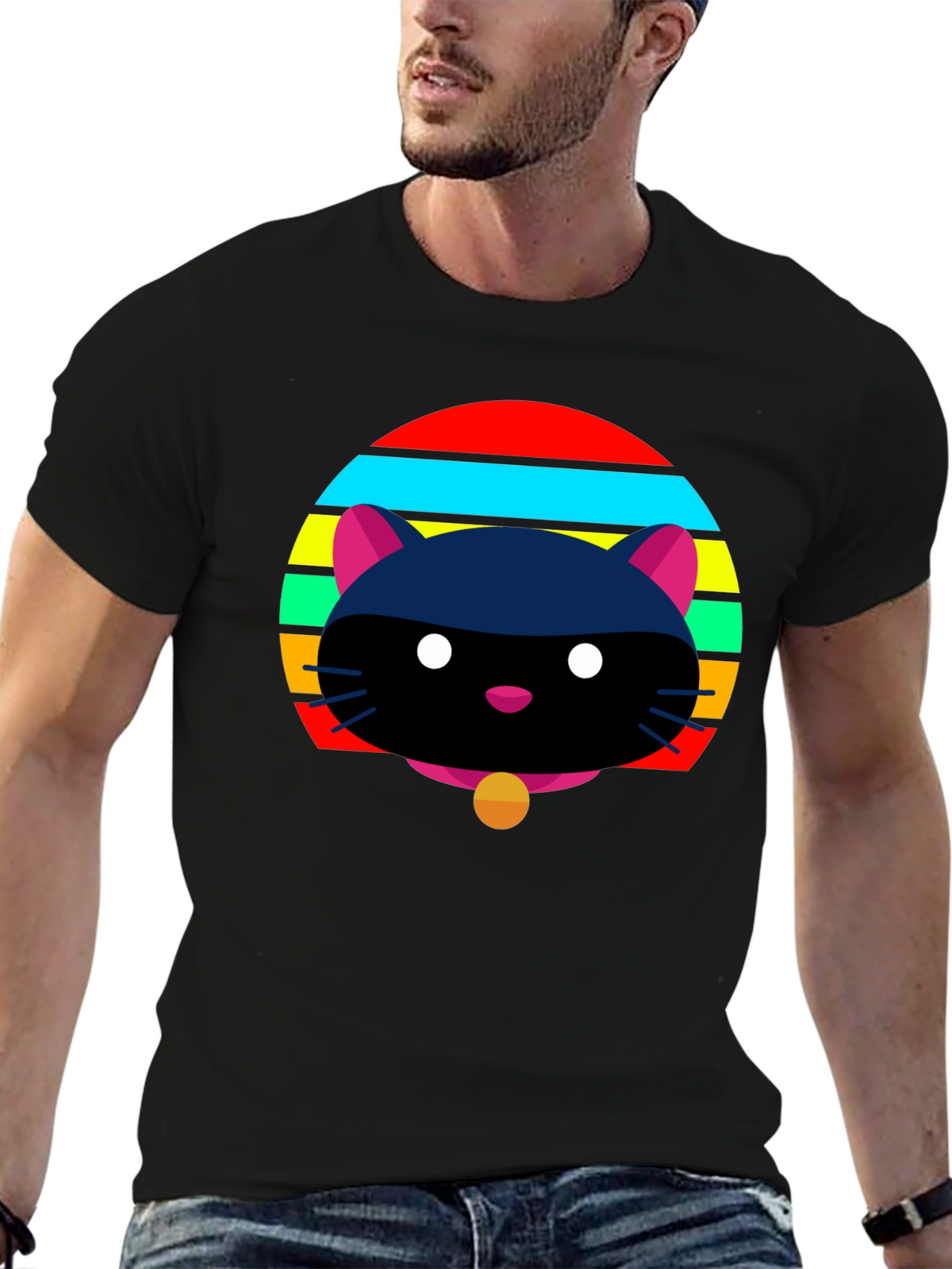 Retro Cat Graphic Tee - Black