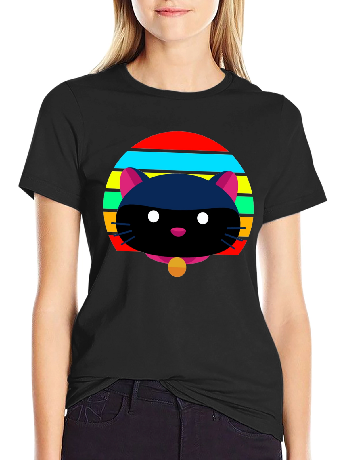 Retro Cat Graphic Tee - Black