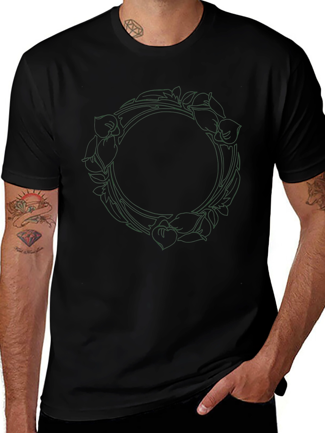 Floral Wreath Graphic Tee - Black Cotton Blend