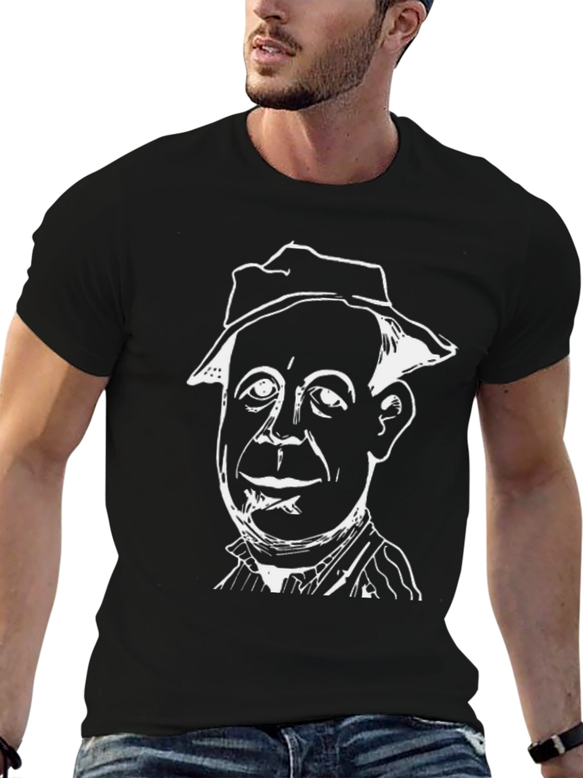 Mans Black T-Shirt with White Character Graphic