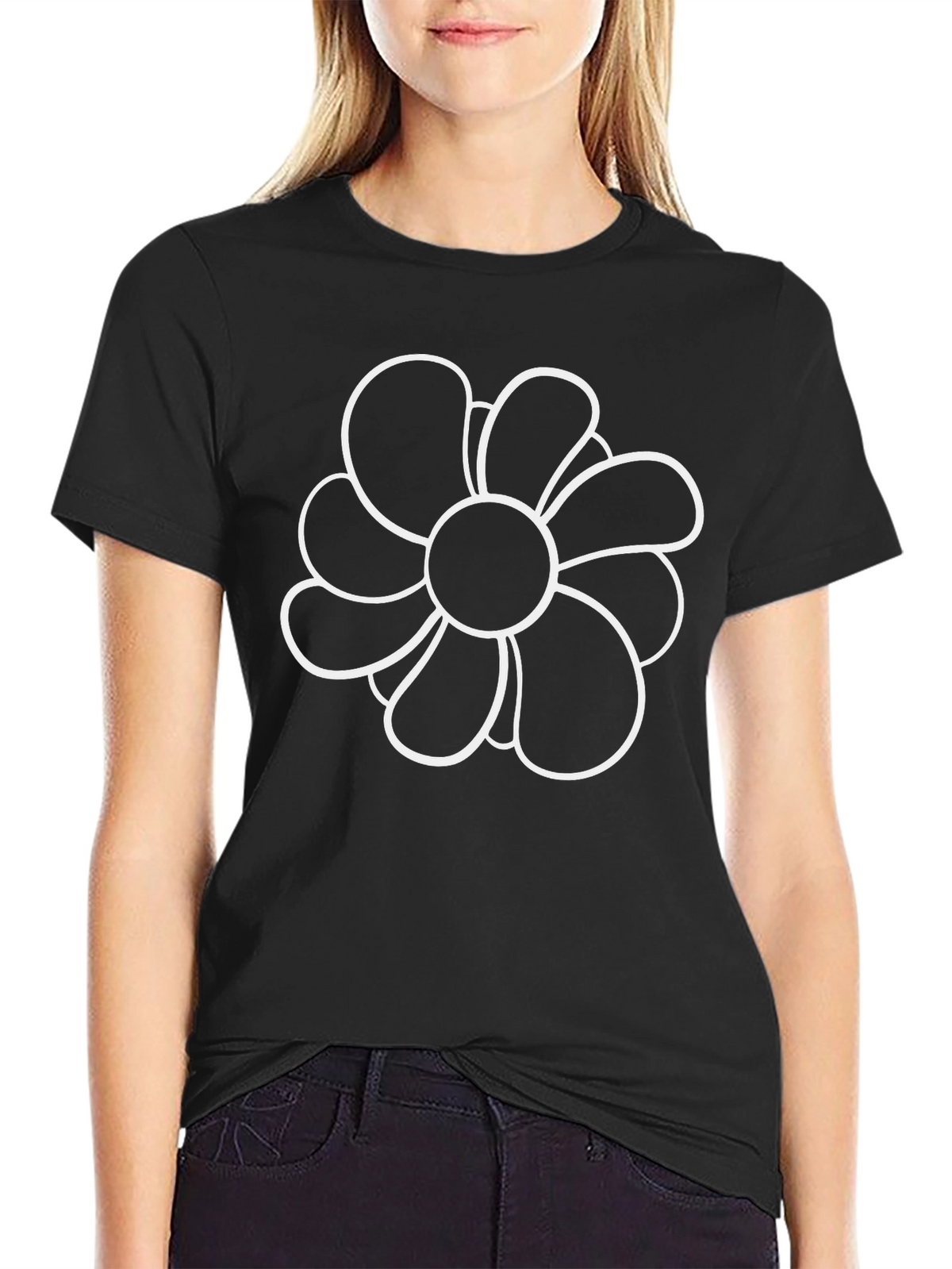 Black T-Shirt with Flower Design
