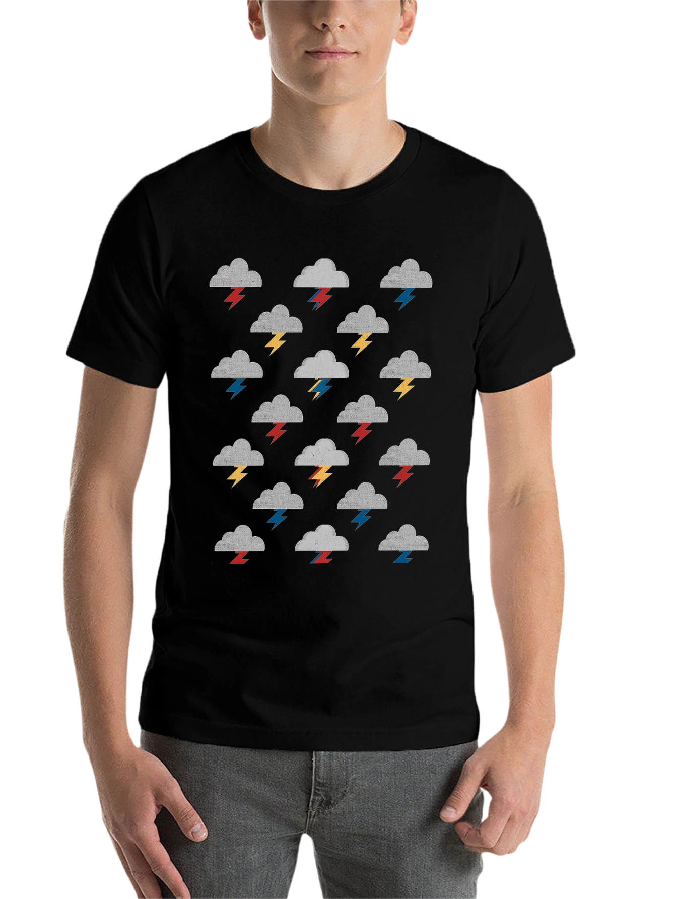 Stormy Weather T-Shirt - Gray Clouds & Colorful Lightning Bolts