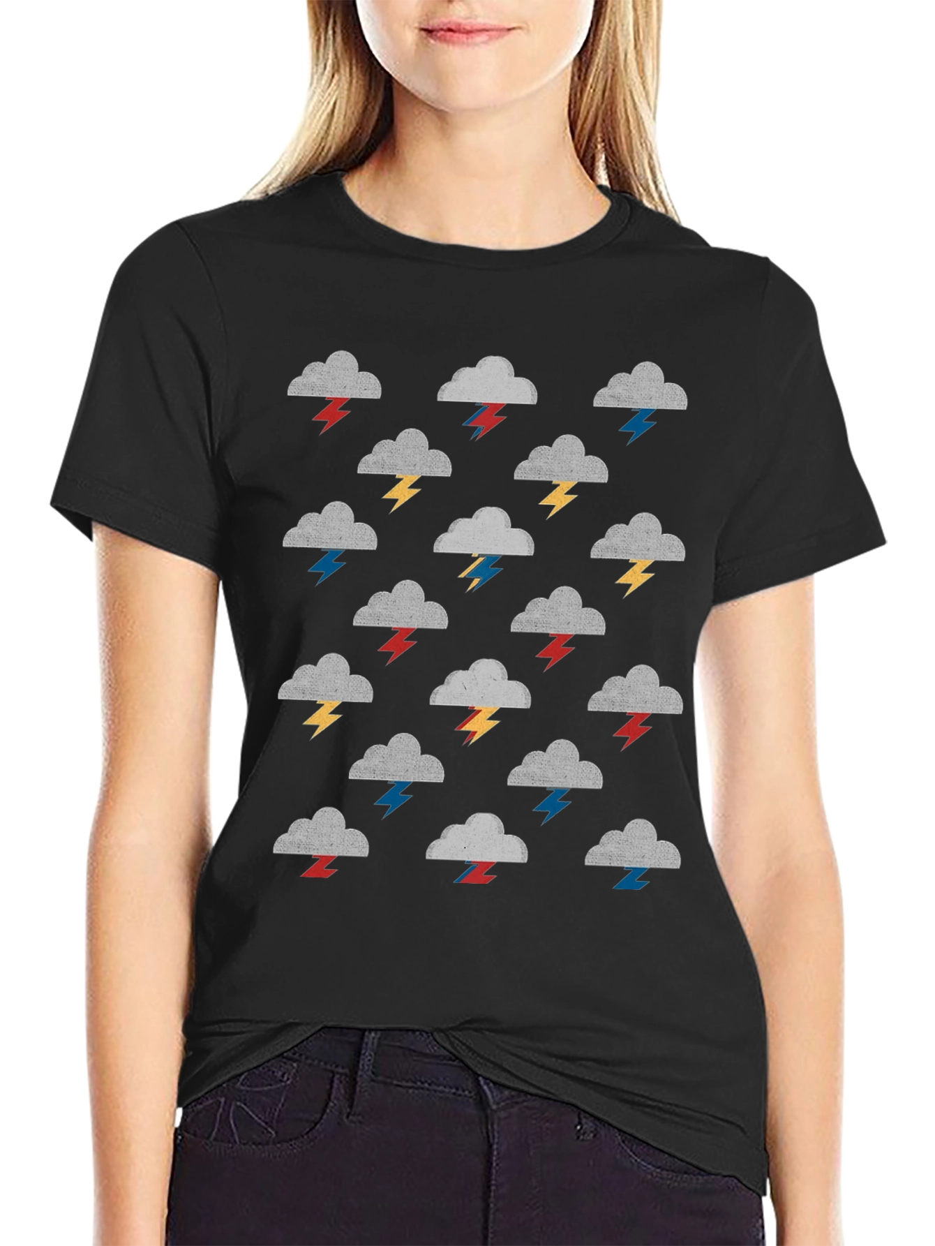 Stormy Weather T-Shirt - Gray Clouds & Colorful Lightning Bolts