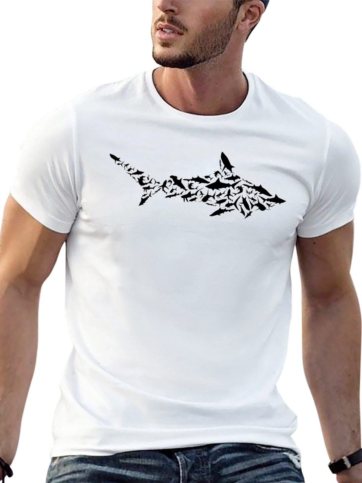 Shark Silhouette Graphic Print Tee - Black