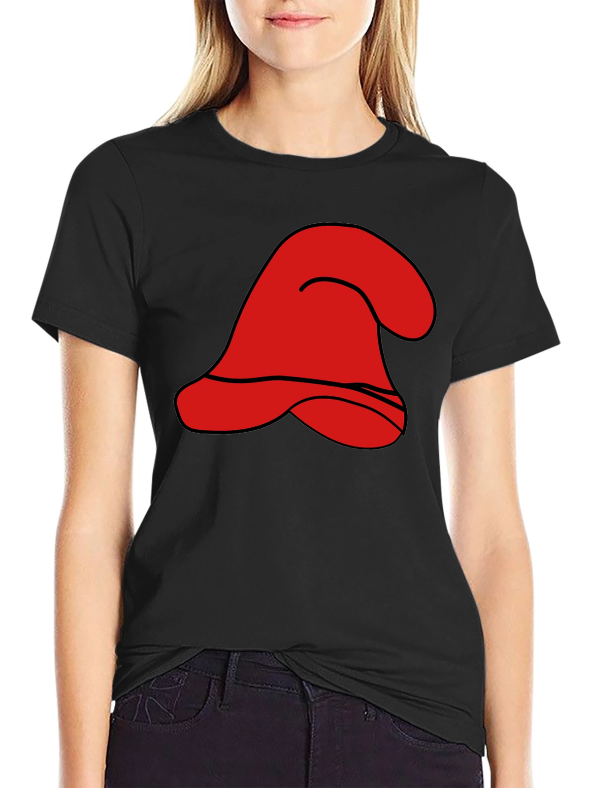 Red Cartoon Hat Graphic Black T-Shirt