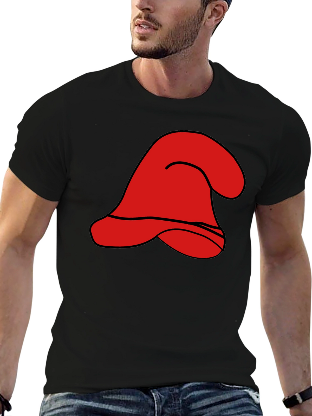 Red Cartoon Hat Graphic Black T-Shirt