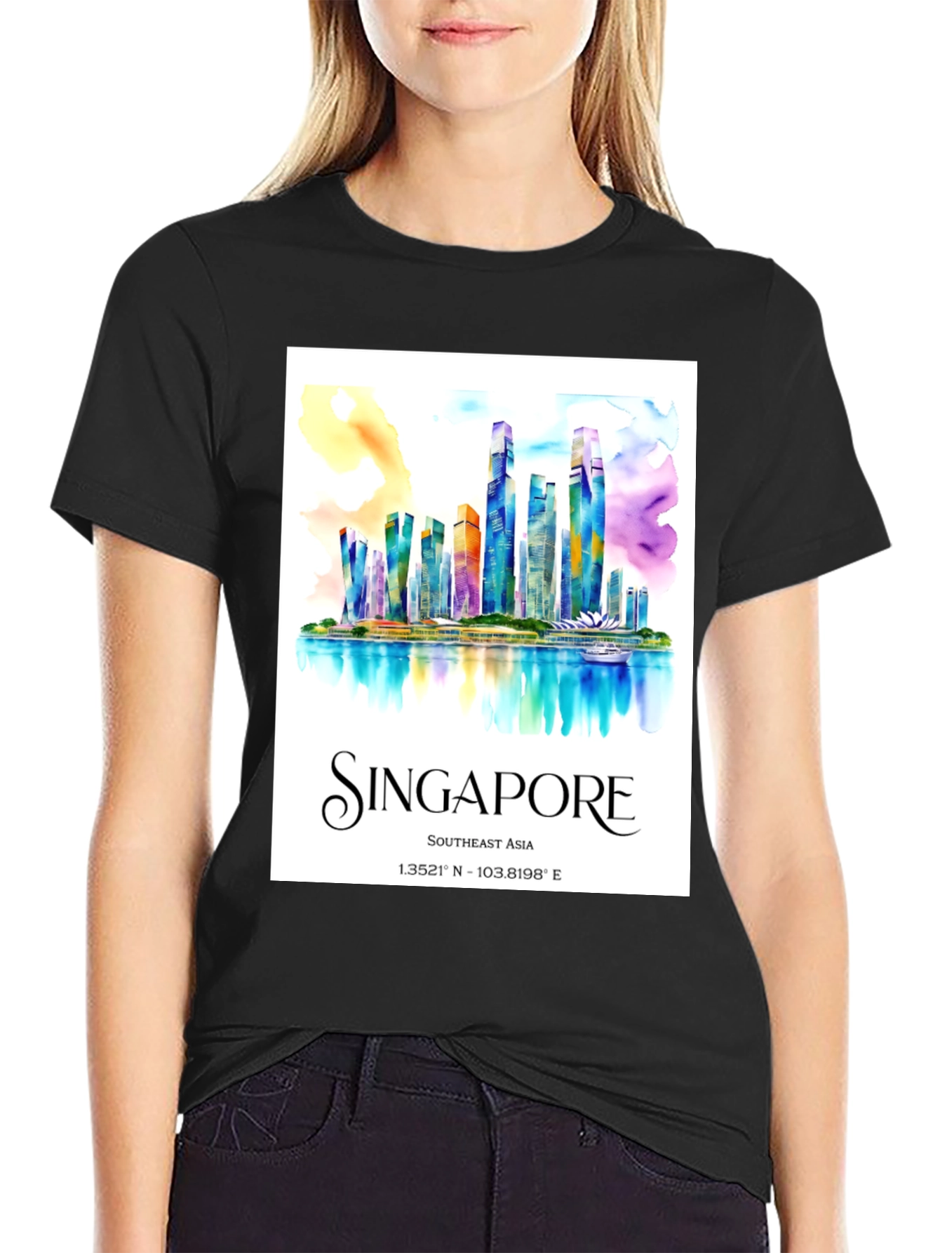 Singapore Skyline Watercolor Graphic Tee - Black
