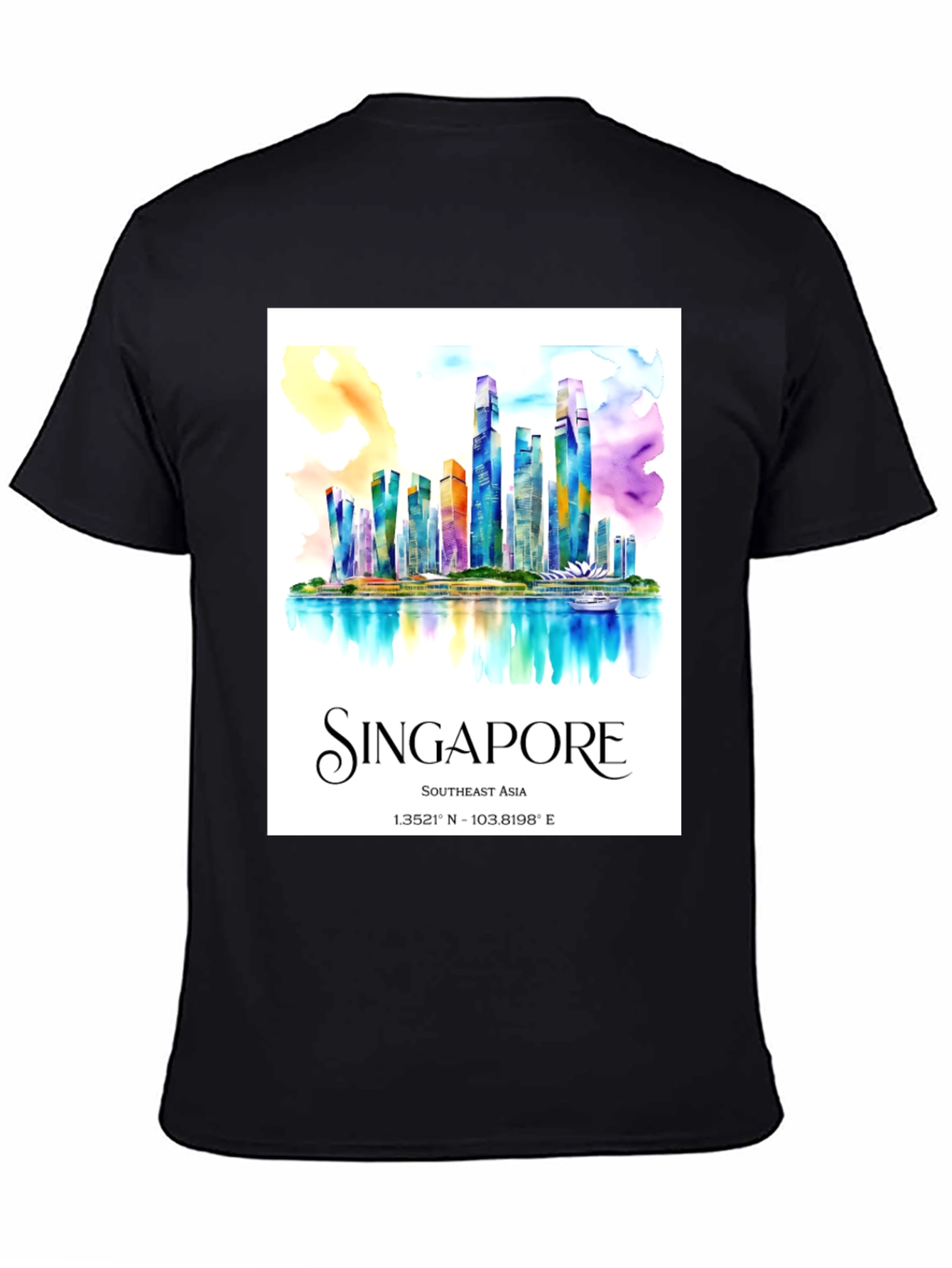 Singapore Skyline Watercolor Graphic Tee - Black