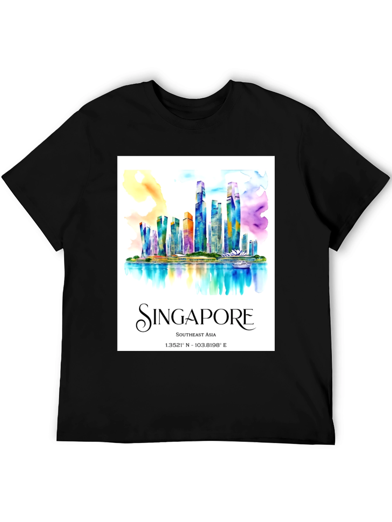 Singapore Skyline Watercolor Graphic Tee - Black