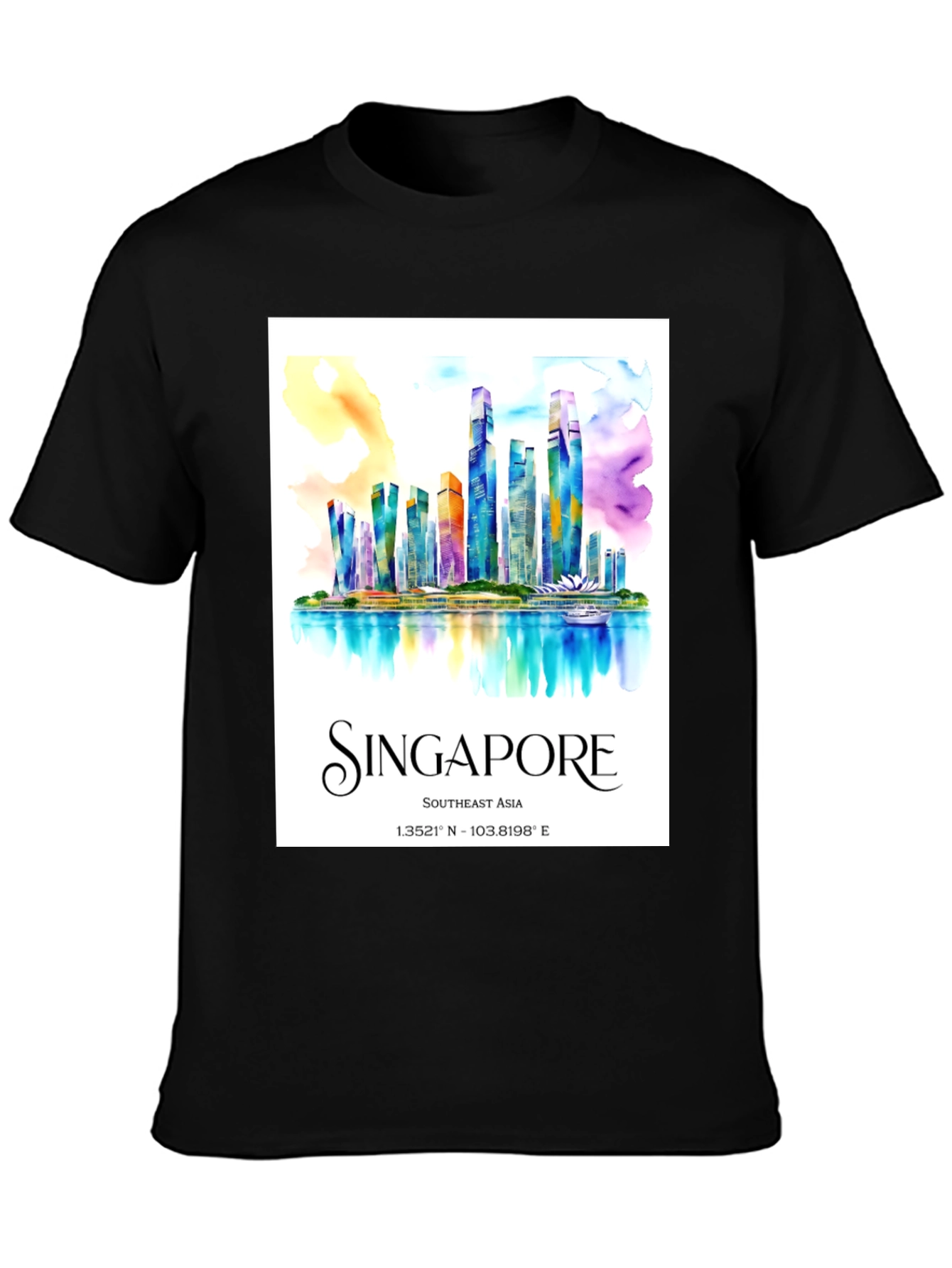 Singapore Skyline Watercolor Graphic Tee - Black
