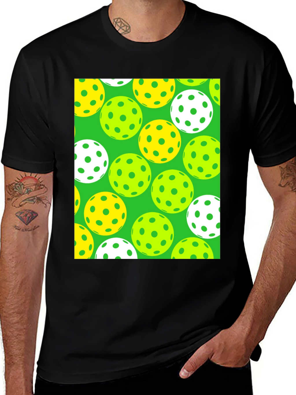 Pickleball Balls Patterned Black T-Shirt
