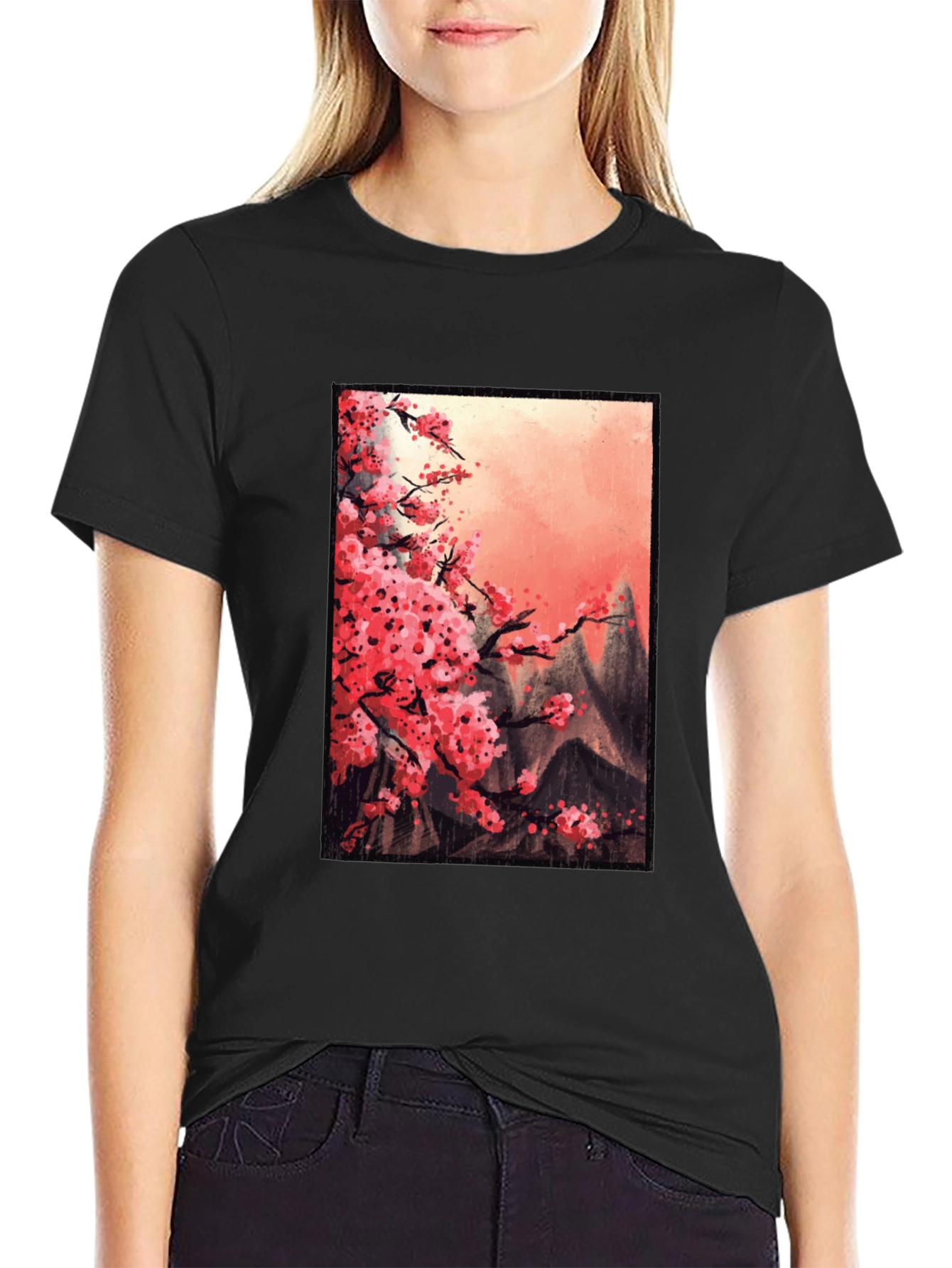 Cherry Blossom Mountain Scene Graphic Tee