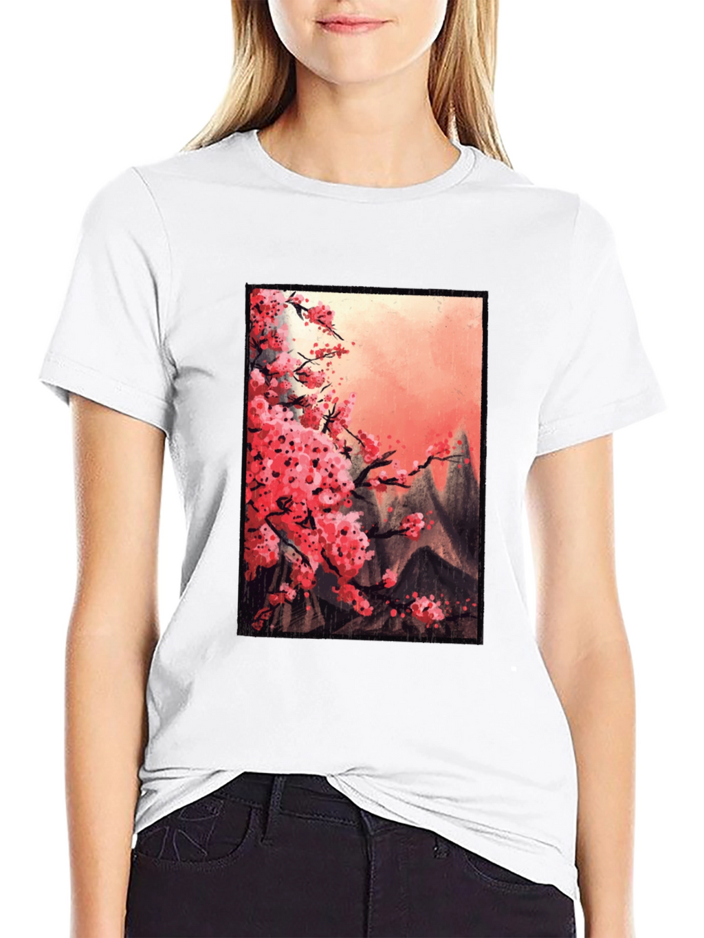 Cherry Blossom Mountain Scene Graphic Tee