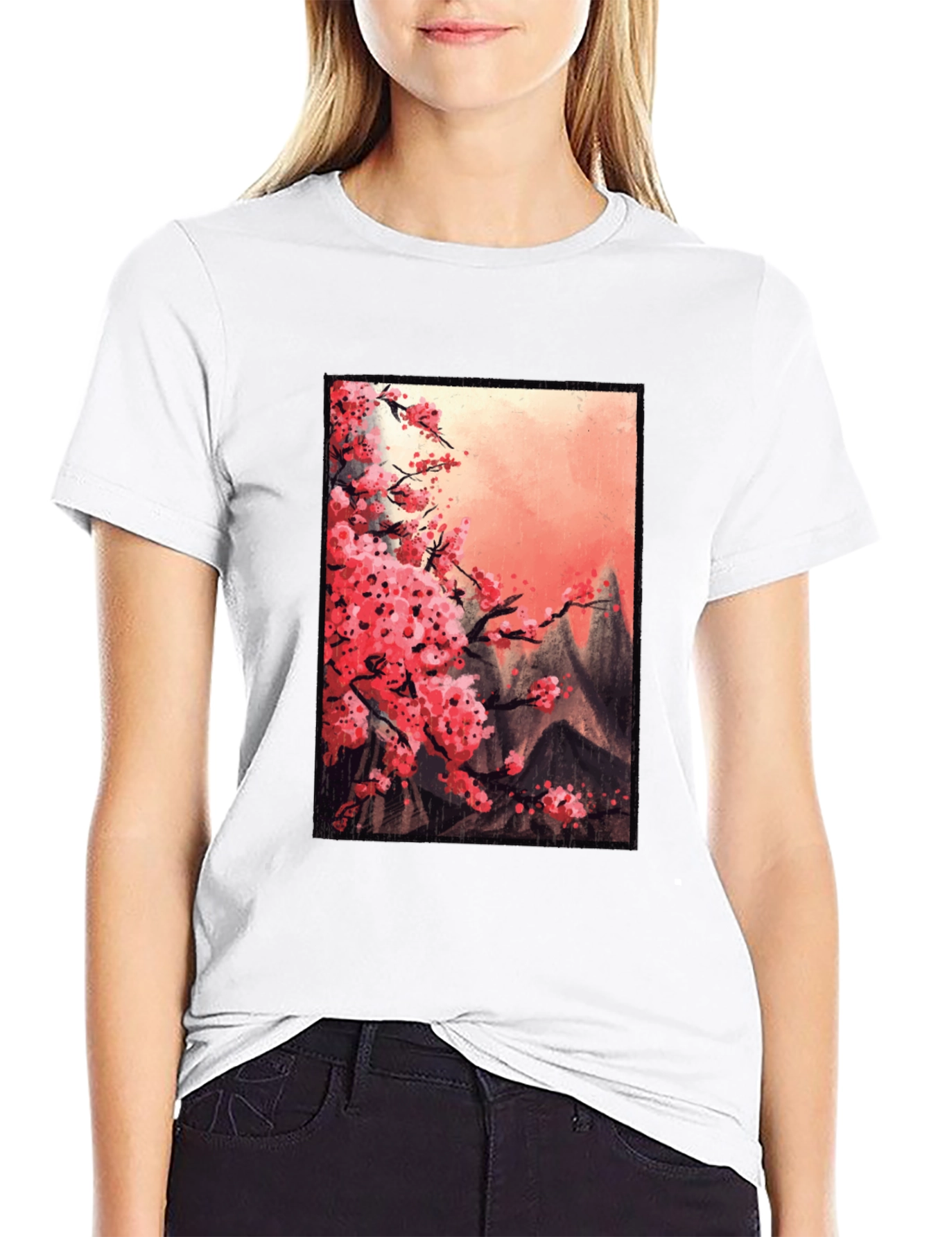 Cherry Blossom Mountain Scene Graphic Tee