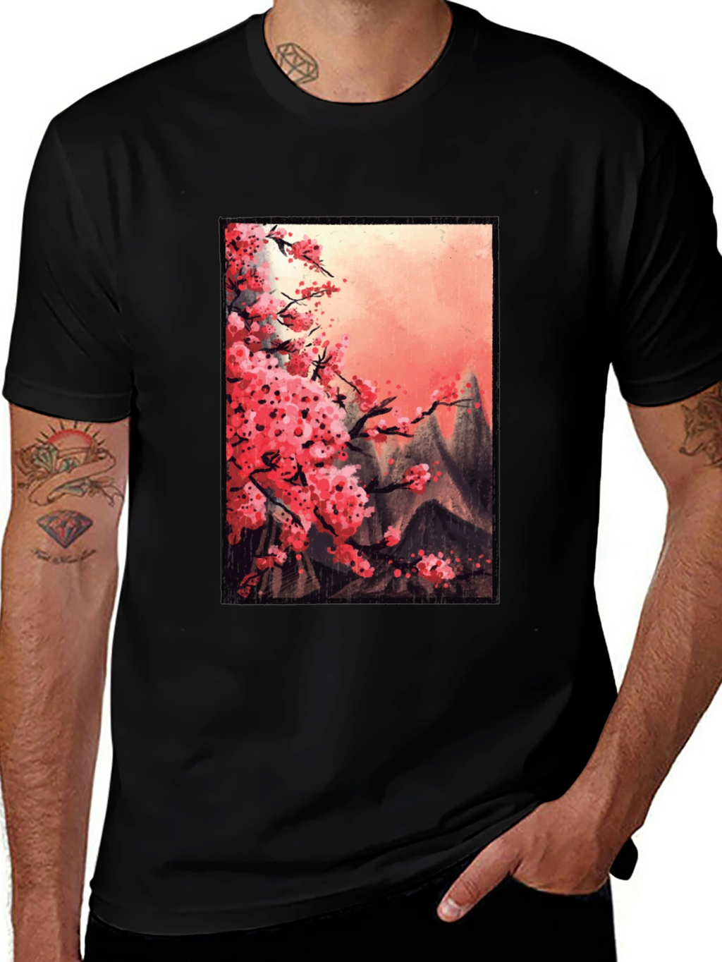 Cherry Blossom Mountain Scene Graphic Tee