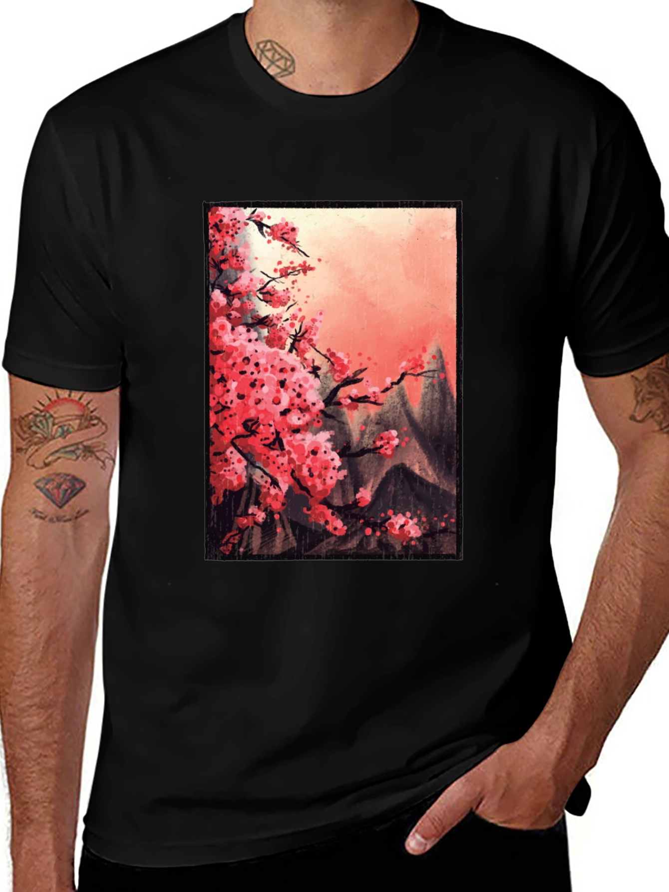 Cherry Blossom Mountain Scene Graphic Tee