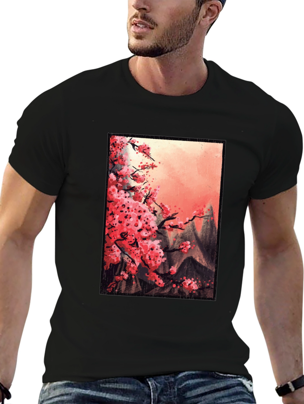 Cherry Blossom Mountain Scene Graphic Tee