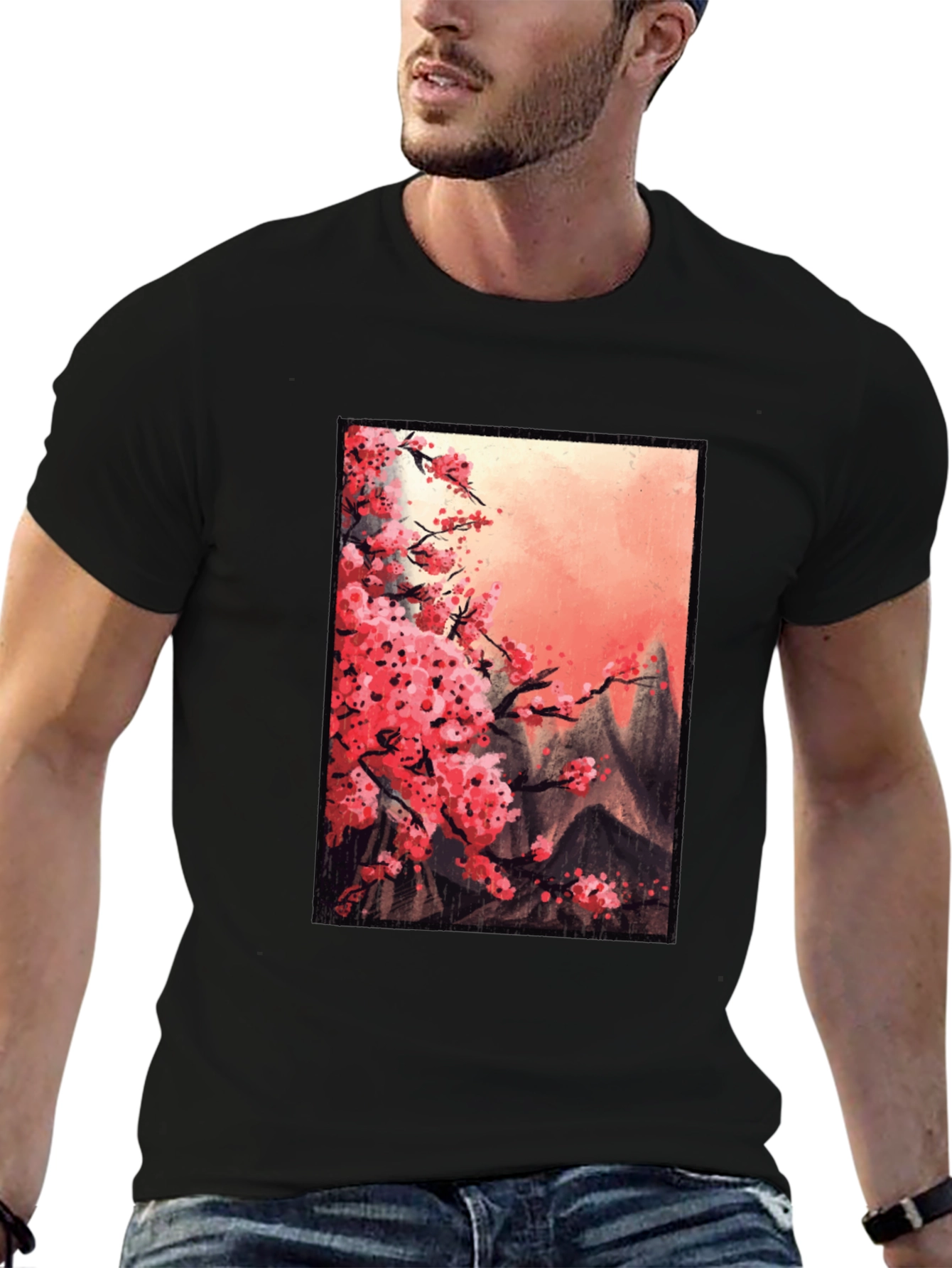 Cherry Blossom Mountain Scene Graphic Tee