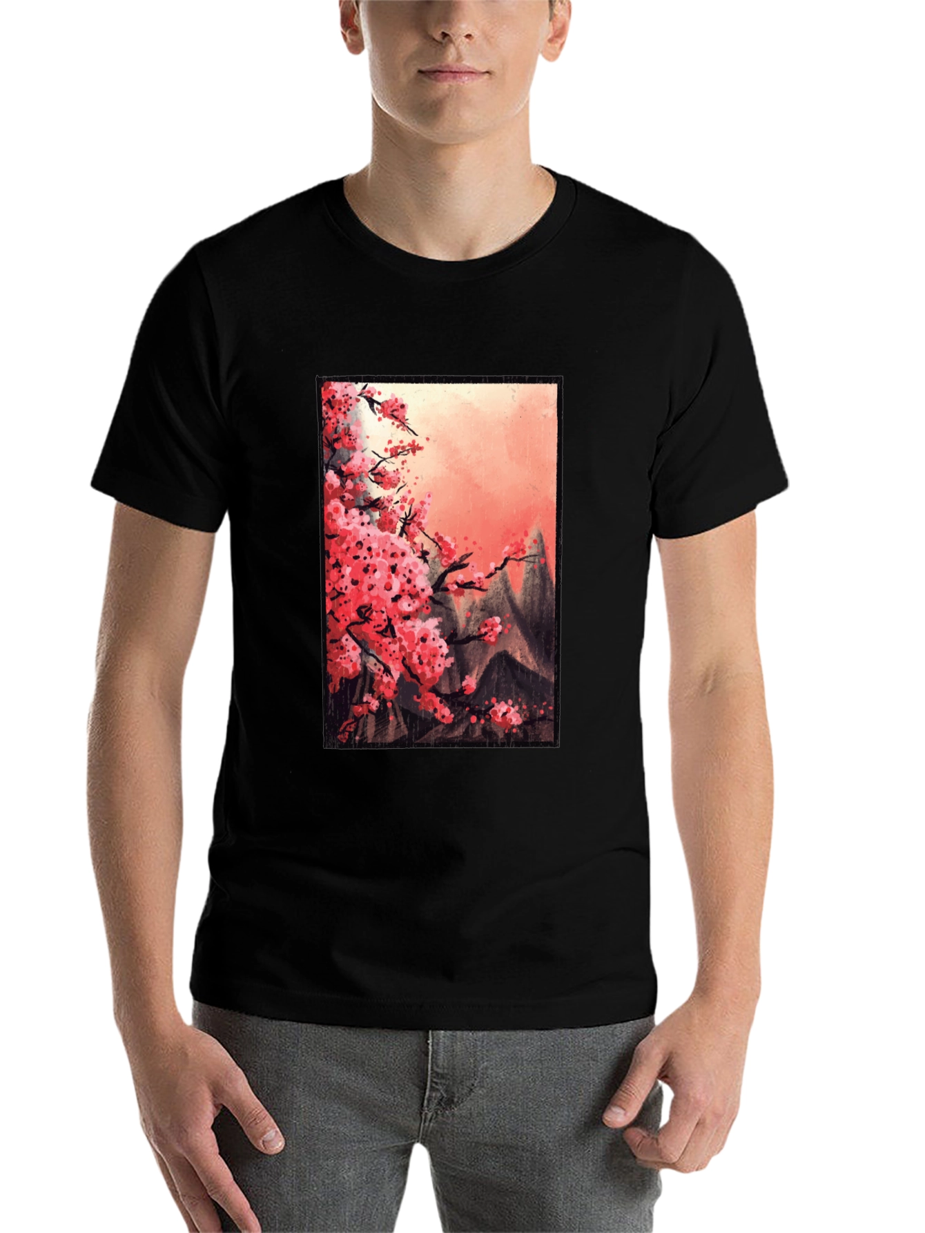 Cherry Blossom Mountain Scene Graphic Tee