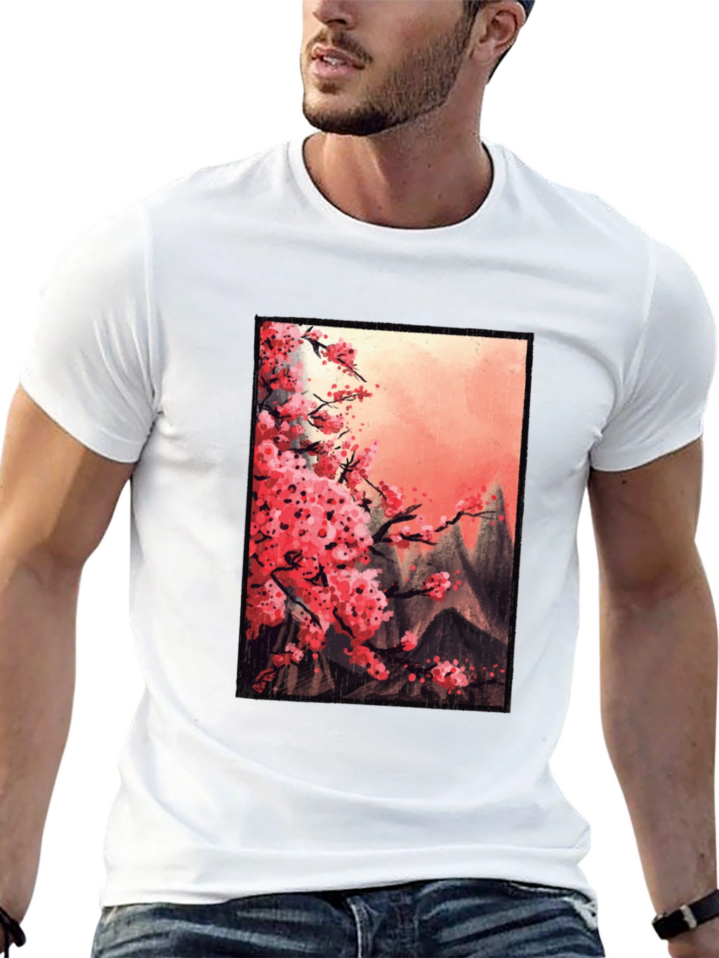 Cherry Blossom Mountain Scene Graphic Tee
