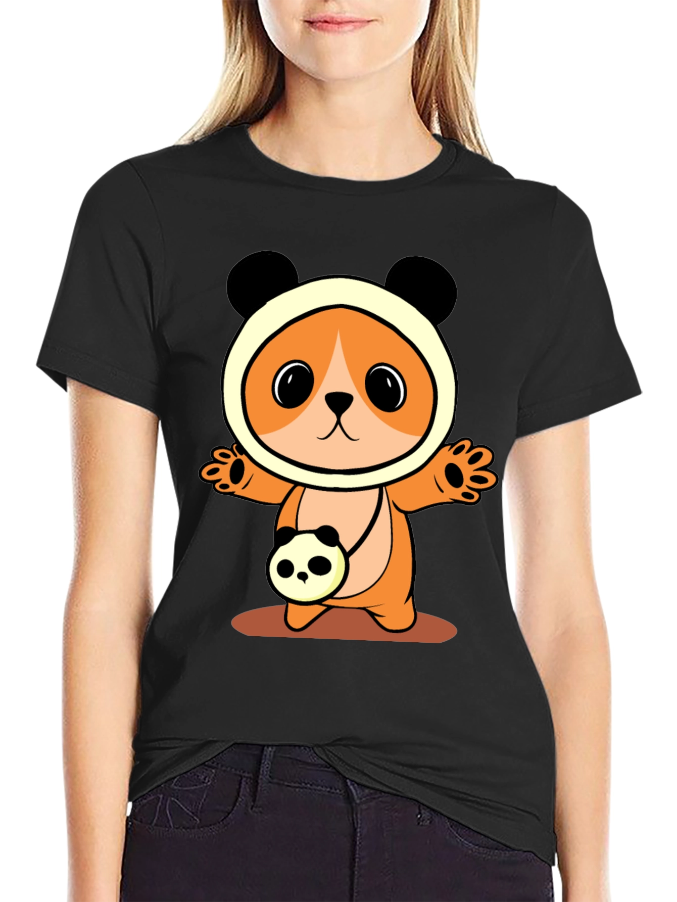 Cute Cartoon Panda Bear T-Shirt - Black