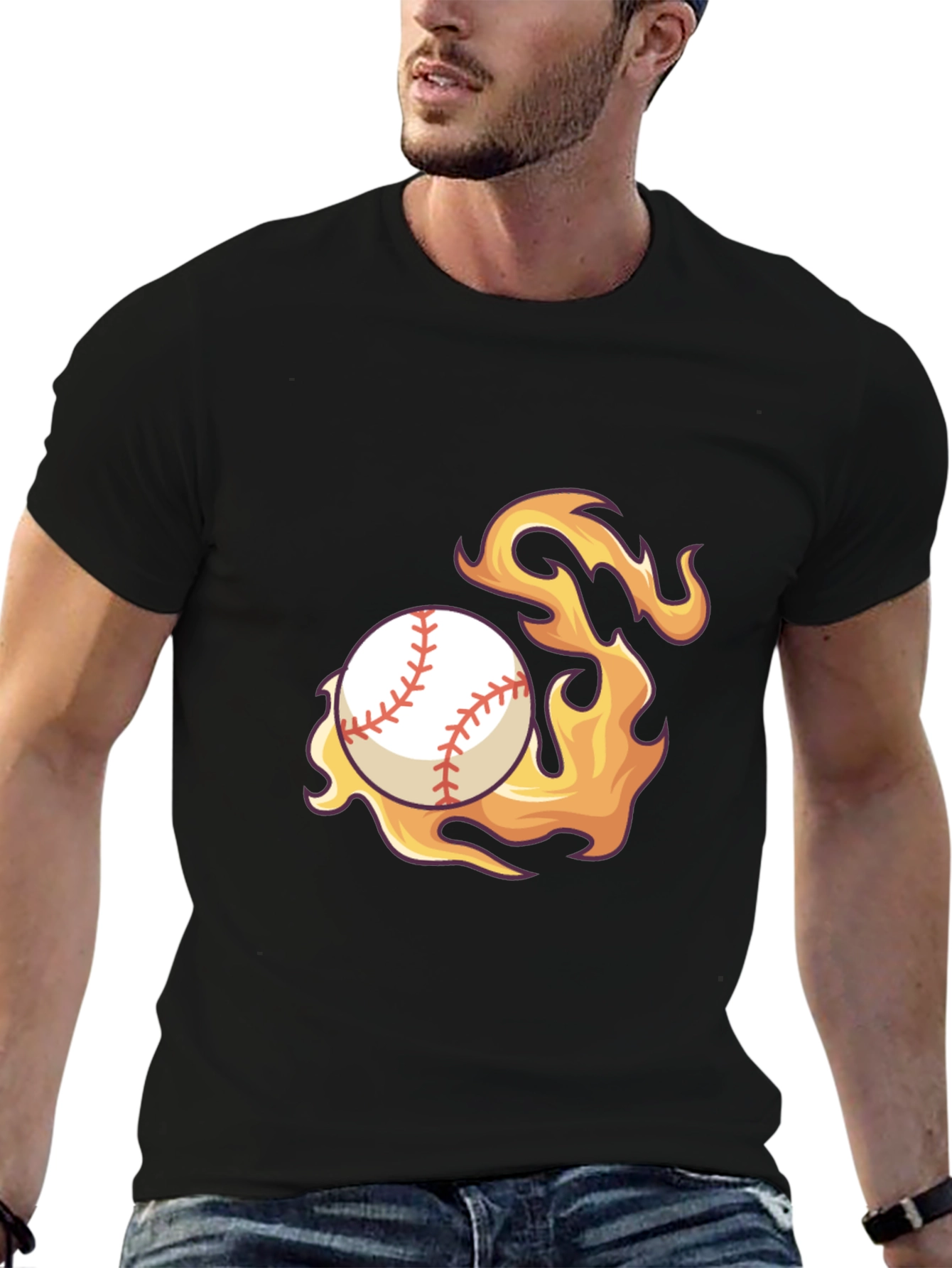 Flaming Baseball Graphic Tee - Black Cotton Shirt
