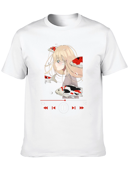 Anime Girl Koi Fish Music Player Black T-Shirt