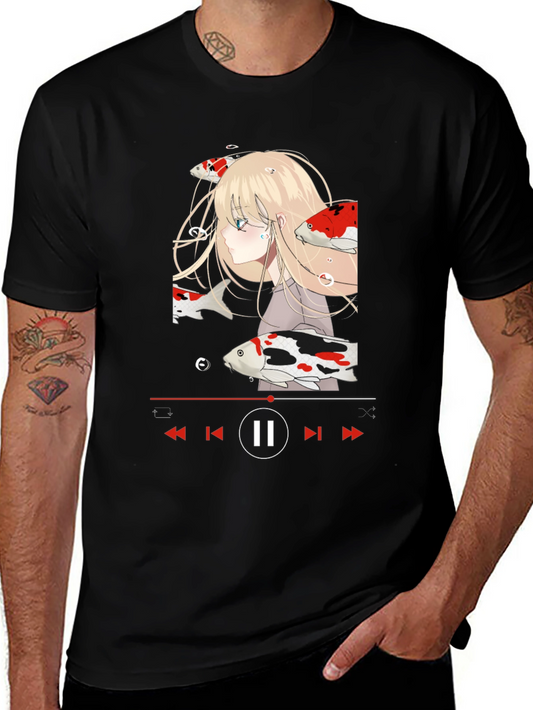 Anime Girl Koi Fish Music Player Black T-Shirt