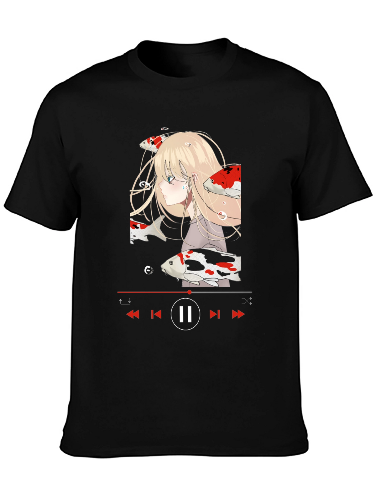 Anime Girl Koi Fish Music Player Black T-Shirt