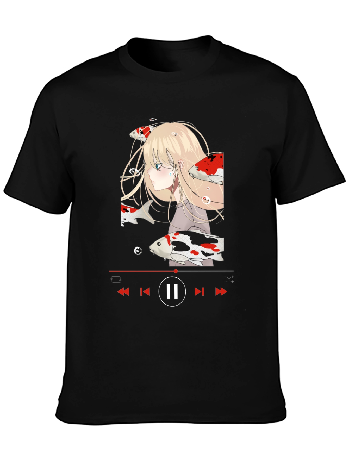 Anime Girl Koi Fish Music Player Black T-Shirt