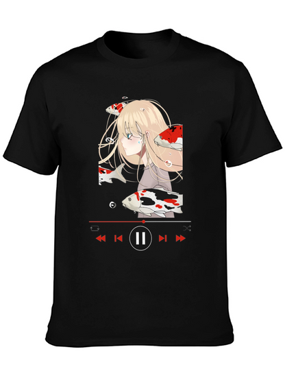 Anime Girl Koi Fish Music Player Black T-Shirt