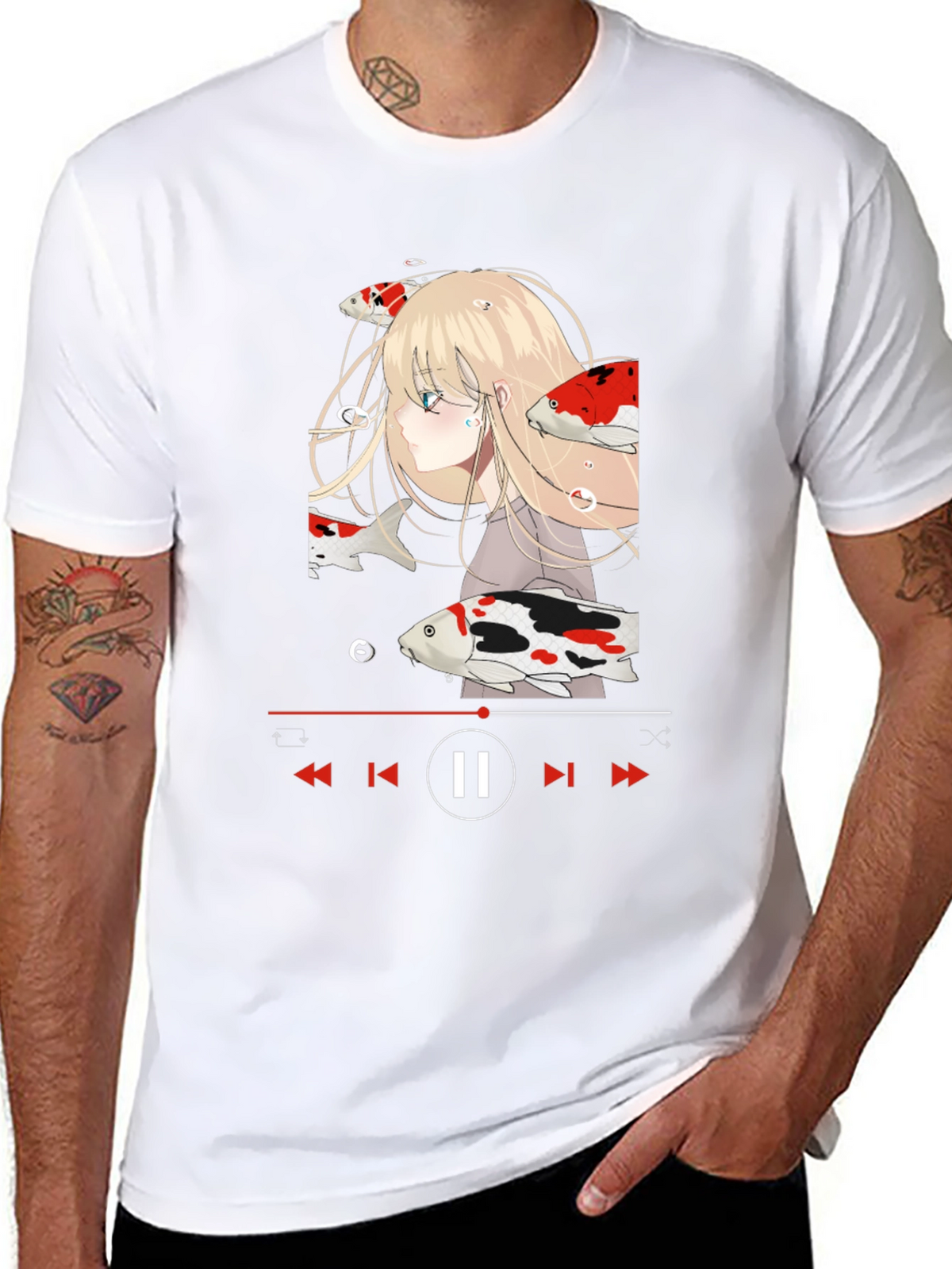 Anime Girl Koi Fish Music Player Black T-Shirt