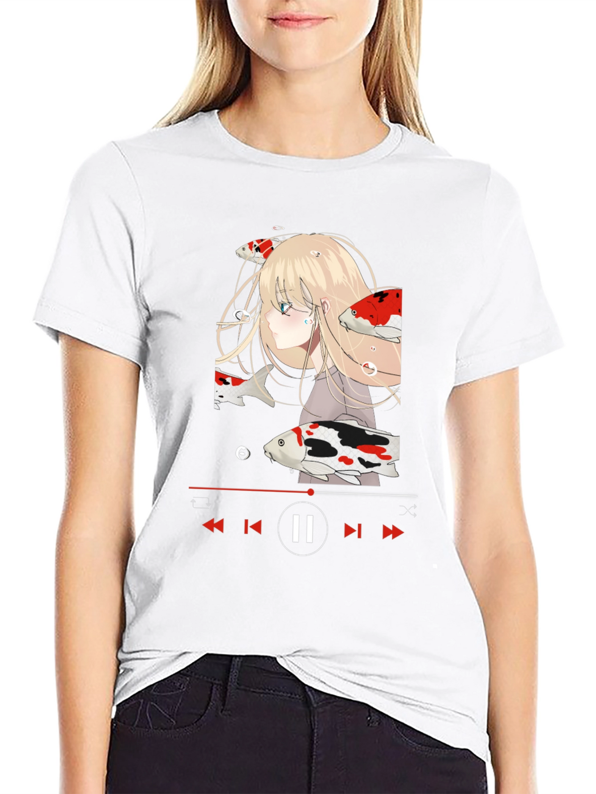 Anime Girl Koi Fish Music Player Black T-Shirt