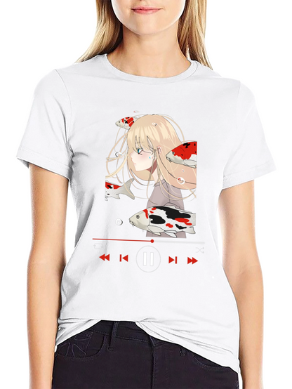 Anime Girl Koi Fish Music Player Black T-Shirt