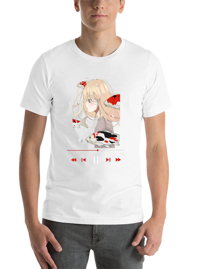 Anime Girl Koi Fish Music Player Black T-Shirt