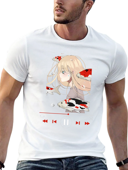 Anime Girl Koi Fish Music Player Black T-Shirt