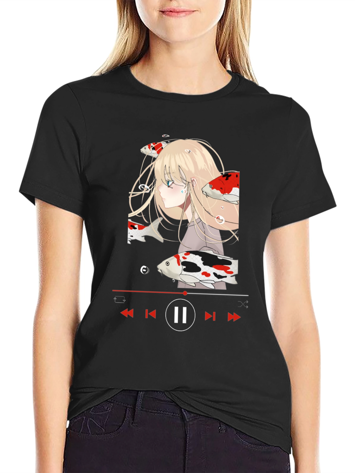 Anime Girl Koi Fish Music Player Black T-Shirt