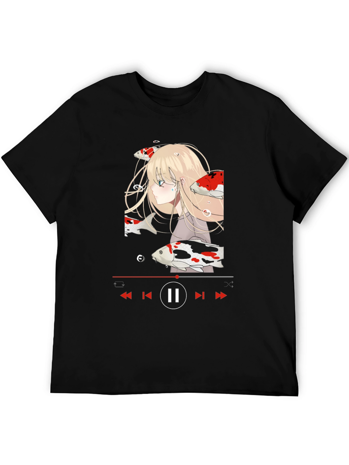 Anime Girl Koi Fish Music Player Black T-Shirt