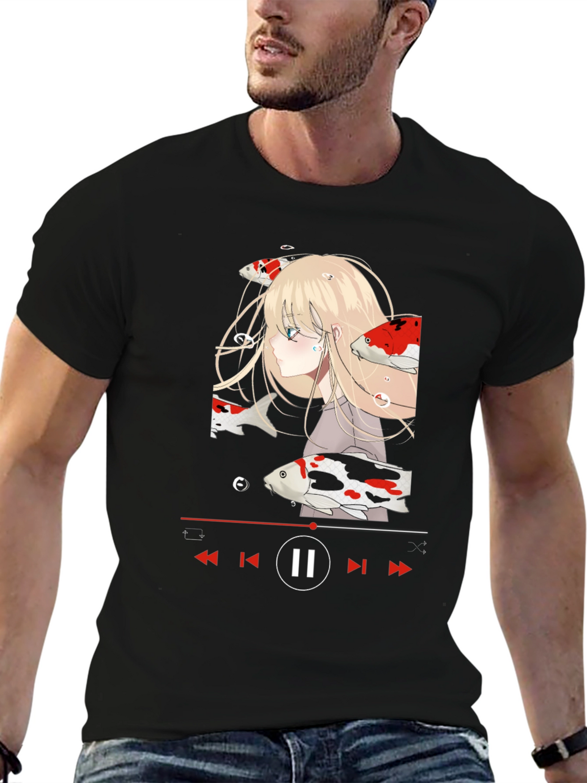 Anime Girl Koi Fish Music Player Black T-Shirt